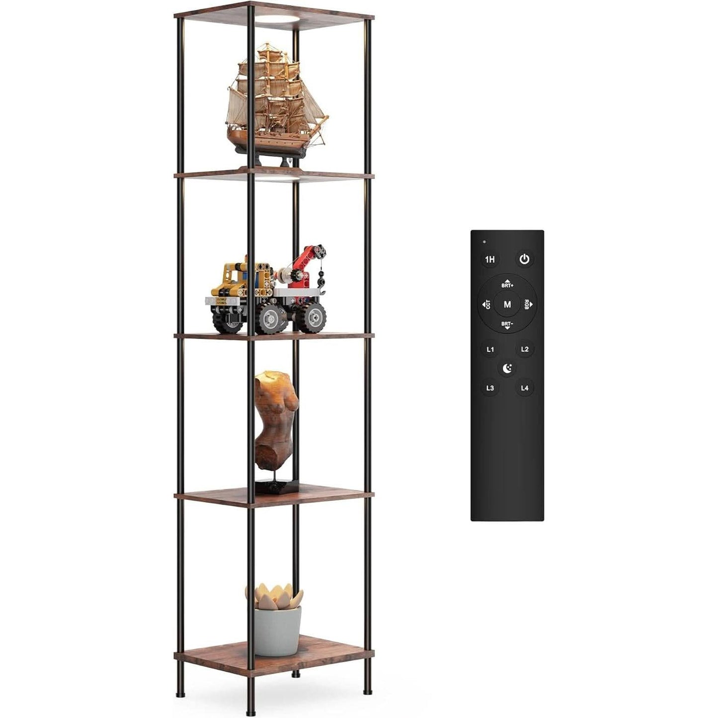 Display Shelf With RGBW Light Floor Lamp 5 Tier Brown