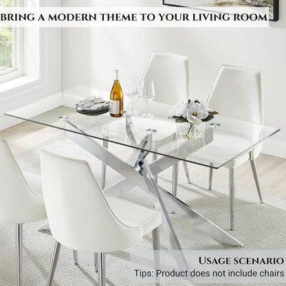 58.5 Inch Rectangular Glass Dining Table With Silver Finish