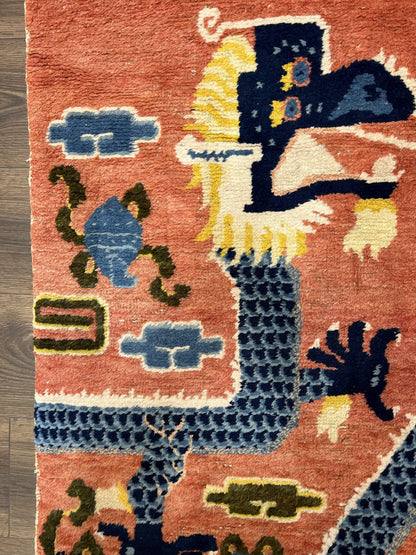Rare Chinese Ningxia Pillar Rug 3x8, Late Qing Dynasty, 5 Clawed Dragon, Cloud Rainbow Border, Collectible Antique Carpet, Wool Hand Knotted