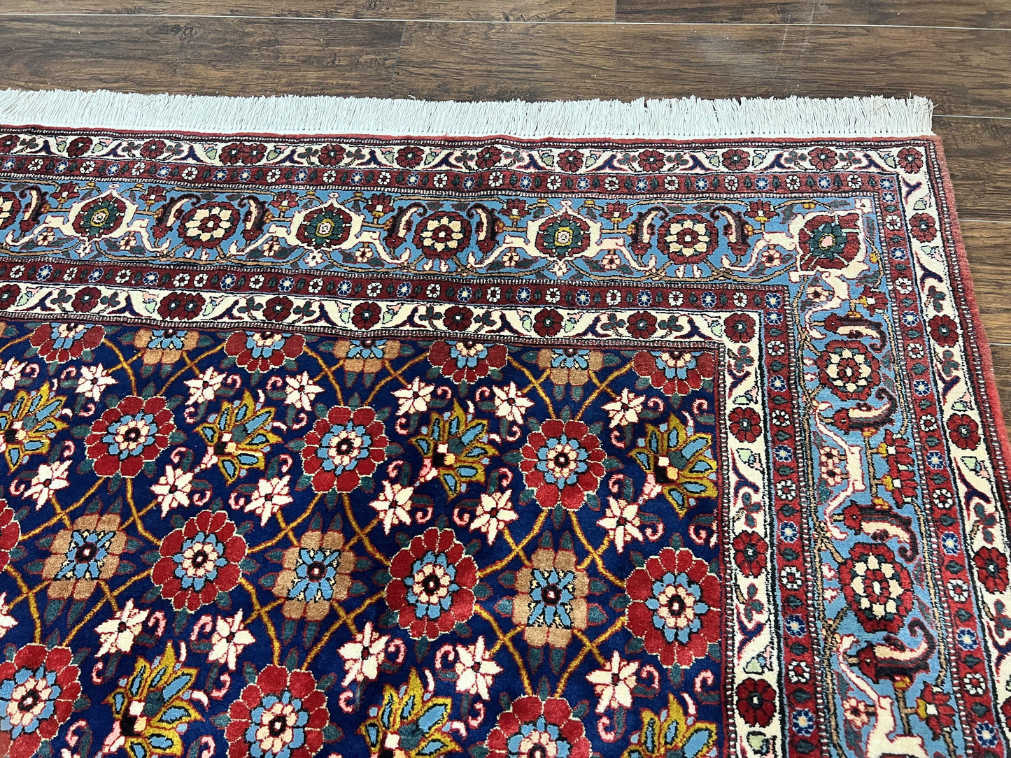 Persian Veramin Rug 7x11, Repeated Allover Pattern, Handmade Vintage Carpet, Navy Blue