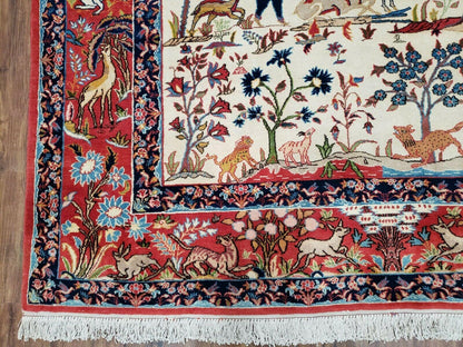 Antique Persian Isfahan Rug 5x7, Animal and Human Pictorials, Hand Knotted Fine Oriental Wool Carpet, Cream and Red, High KPSI, Vintage Rug 5 x 7 ft