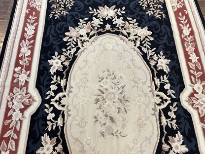Needlepoint Rug 5x8, Wool Handmade Vintage European Design Carpet, Black & Maroon, French Aubusson Pattern Flatweave Rug