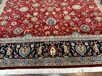 Pak Persian Rug 9x12, Red and Navy Blue, Floral Allover, Hand Knotted Vintage Wool Carpet, Fine 260 KPSI