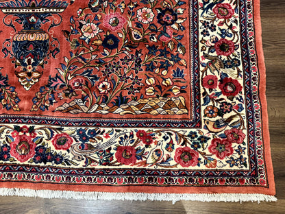 Persian Sarouk Rug 7x10, Red and Ivory, Floral Bouquets, Birds