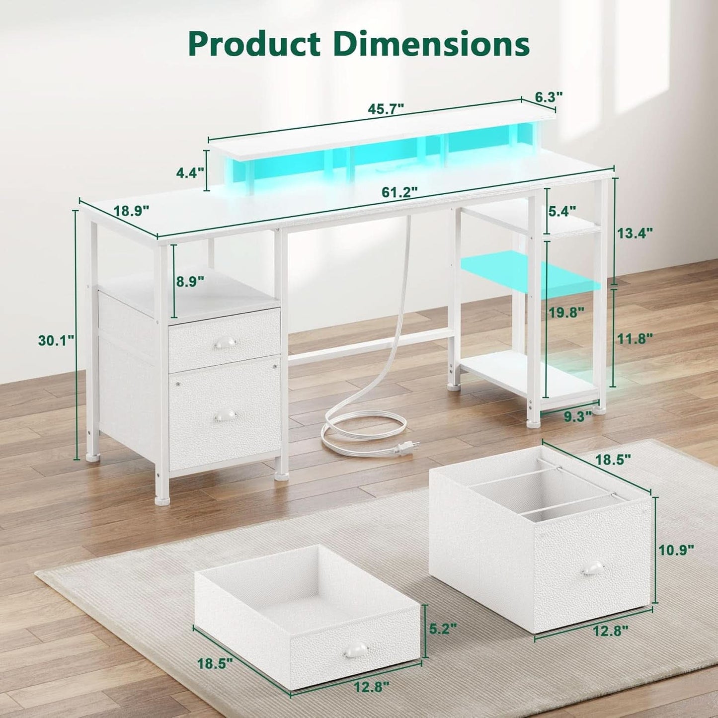 61 Inch Computer Desk With Integrated Power Outlet LED