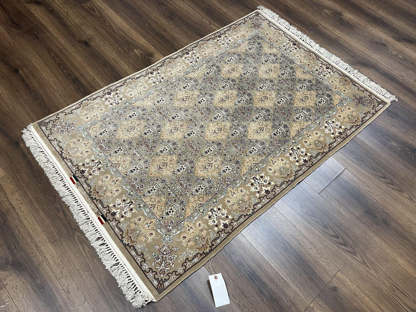 Super Fine Persian Isfahan Rug 3x5 ft, Kork Wool on Silk Foundation, Repeated Floral Motif, Taupe Tan Hand Knotted Oriental Carpet 3 x 5 ft, Signed