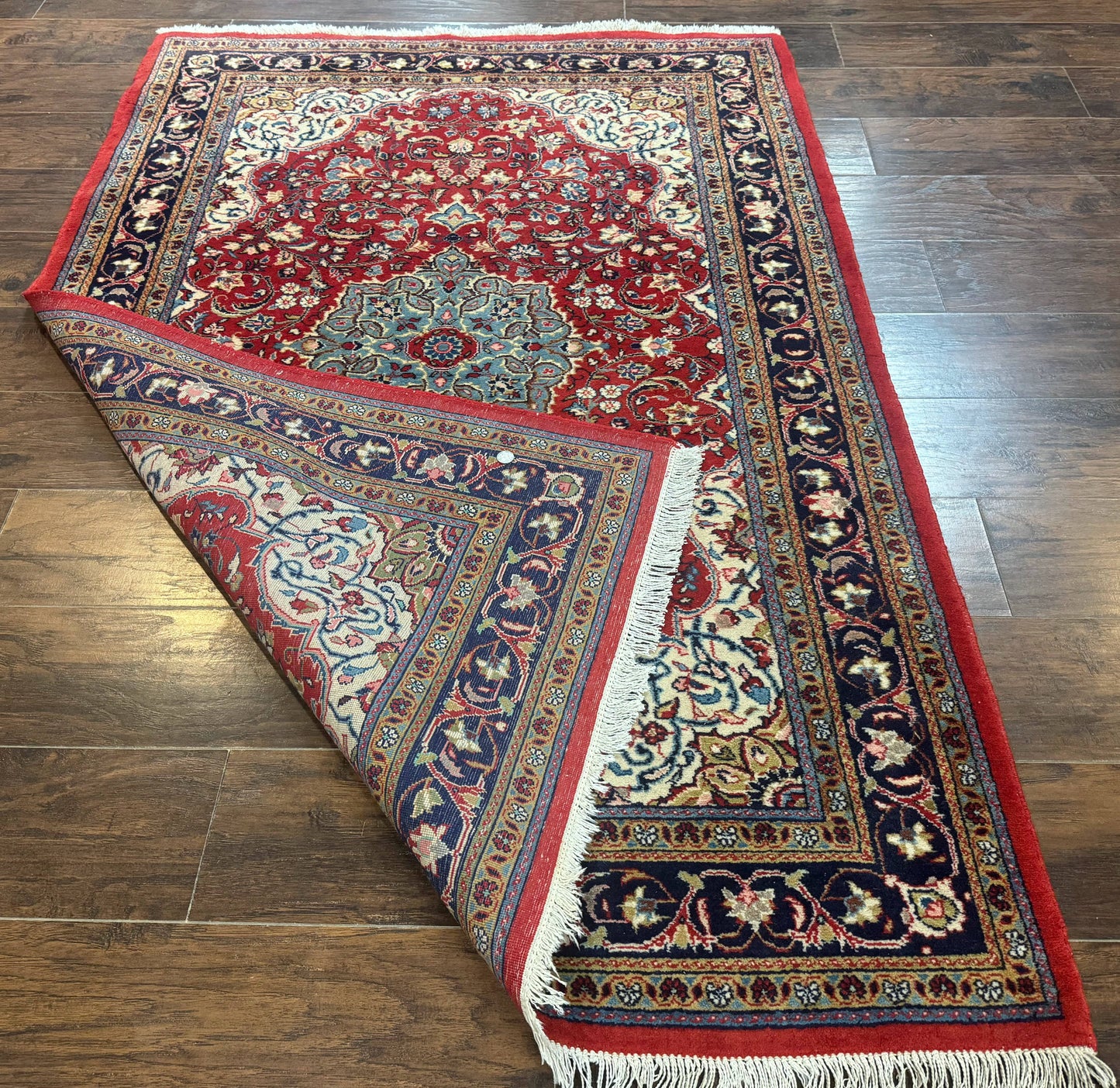 Persian Sarouk Rug 4x7, Red Navy Blue Vintage Wool Medallion Carpet