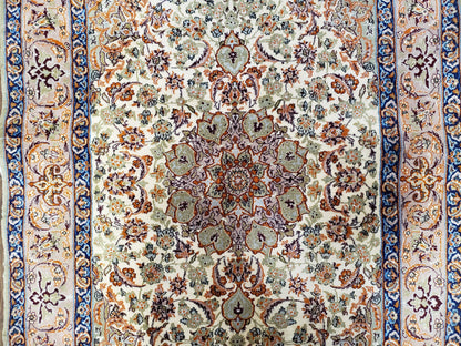 Vintage Persian Isfahan Lachak Toranj Rug, Highly Detailed, Kork Wool on Silk Foundation, Beige and Dark Blue, Hand-Knotted, 3'6" x 5' 4"