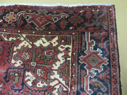 Persian Rug 8x11 Room Sized Heriz Carpet, Hand Knotted Wool Rug, Vintage Semi Antique, Geometric Medallion, Wine Red Cream Dark Blue, Wow