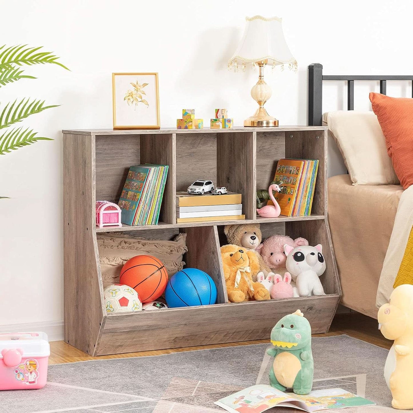 Kids Bookshelf Toy Storage Cabinet 35 Inch Long Greige
