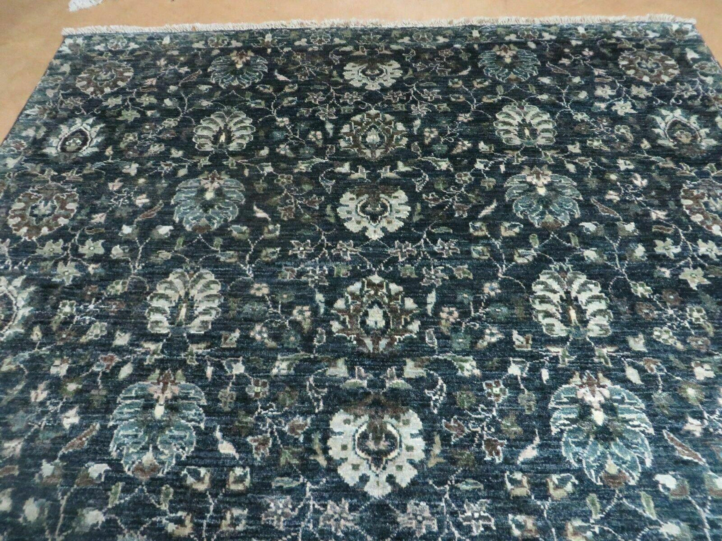 5' 6" X 8' Vintage Handmade Pakistani Floral Oriental Wool Rug Black Dark Grey