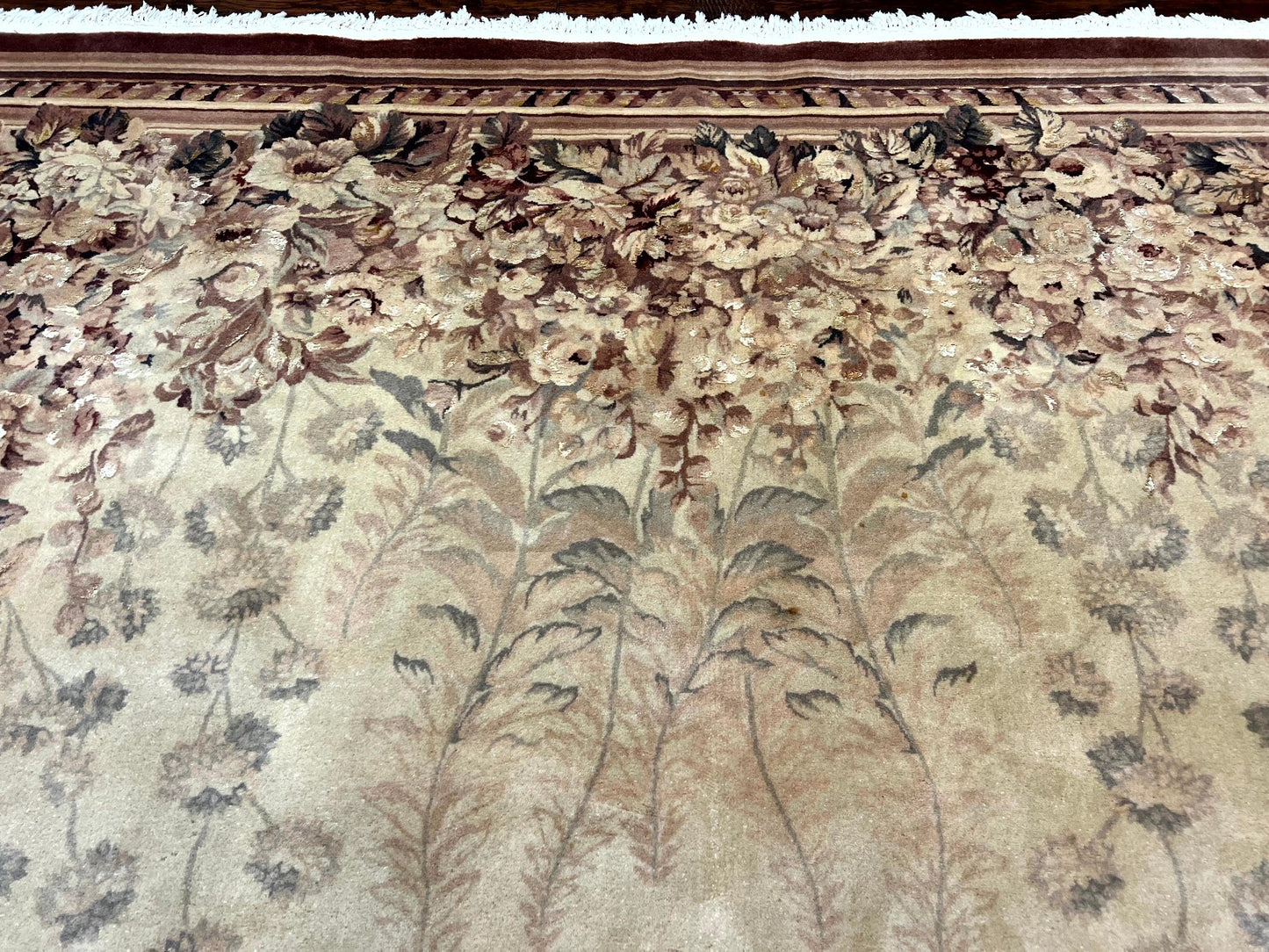 Aubusson Wool Rug 9x11, Wool with Silk Highlights, European Design, Vintage, Handmade, Floral, Fine 210 KPSI