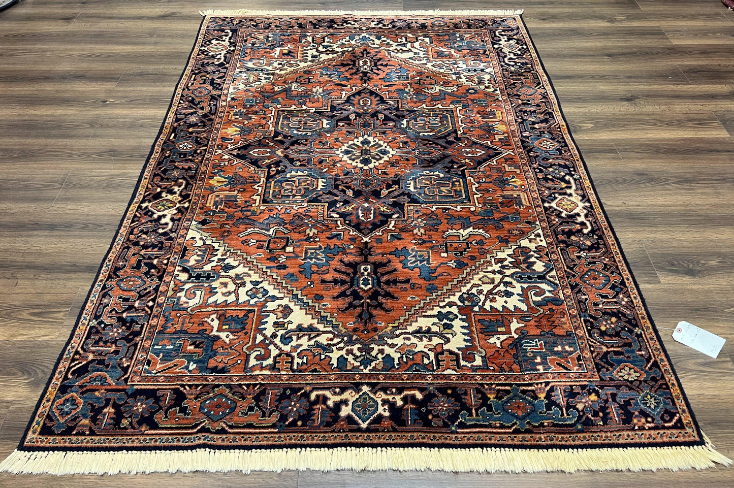 Heriz Rug 5.6 x 8, Geometric Medallion, Wool Oriental Carpet, Tribal Boho Rug, Red Navy Blue Cream, Belgium Power Loomed Rug, Medium Sized