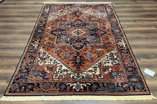 Heriz Rug 5.6 x 8, Geometric Medallion, Wool Oriental Carpet, Tribal Boho Rug, Red Navy Blue Cream, Belgium Power Loomed Rug, Medium Sized