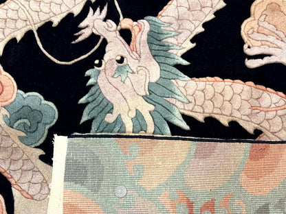Black Chinese Wool Rug 8x10 with Dragons, Rainbow Borders, Rare