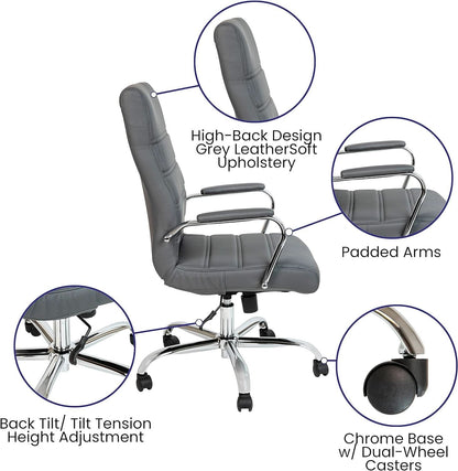 Whitney High Back Leather Office Chair With Adjustable Height Gray Chrome