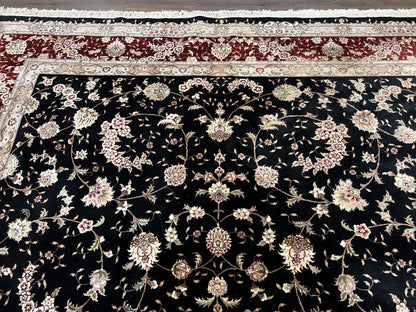 Sino Persian Rug 9x12, High Quality Oriental Carpet, Black and Maroon, Wool and Silk, Allover Floral Pattern, Hand Knotted, Vintage Rug Nice