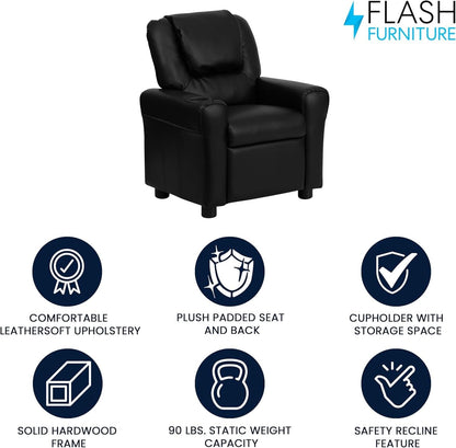 Kids Leathersoft Recliner With Cup Holder And Safety Recline Black