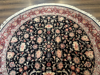 Round Sino Persian Rug 6x6, Floral, Navy Blue and Red, Wool and Silk Highlights