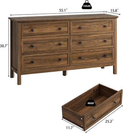 55 Inch Walnut Dresser With Six Drawers For Bedroom