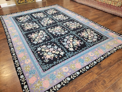 Chinese Needlepoint Rug 8 x 11.4, Hand-Woven Area Carpet, Flatweave Rug, Black Blue Light Violet Floral Garden European Design Wool Aubusson