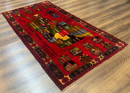 Red Afghan Balouch Rug 3x7, Tribal, Map of Afghanistan Depiction, Handmade, New