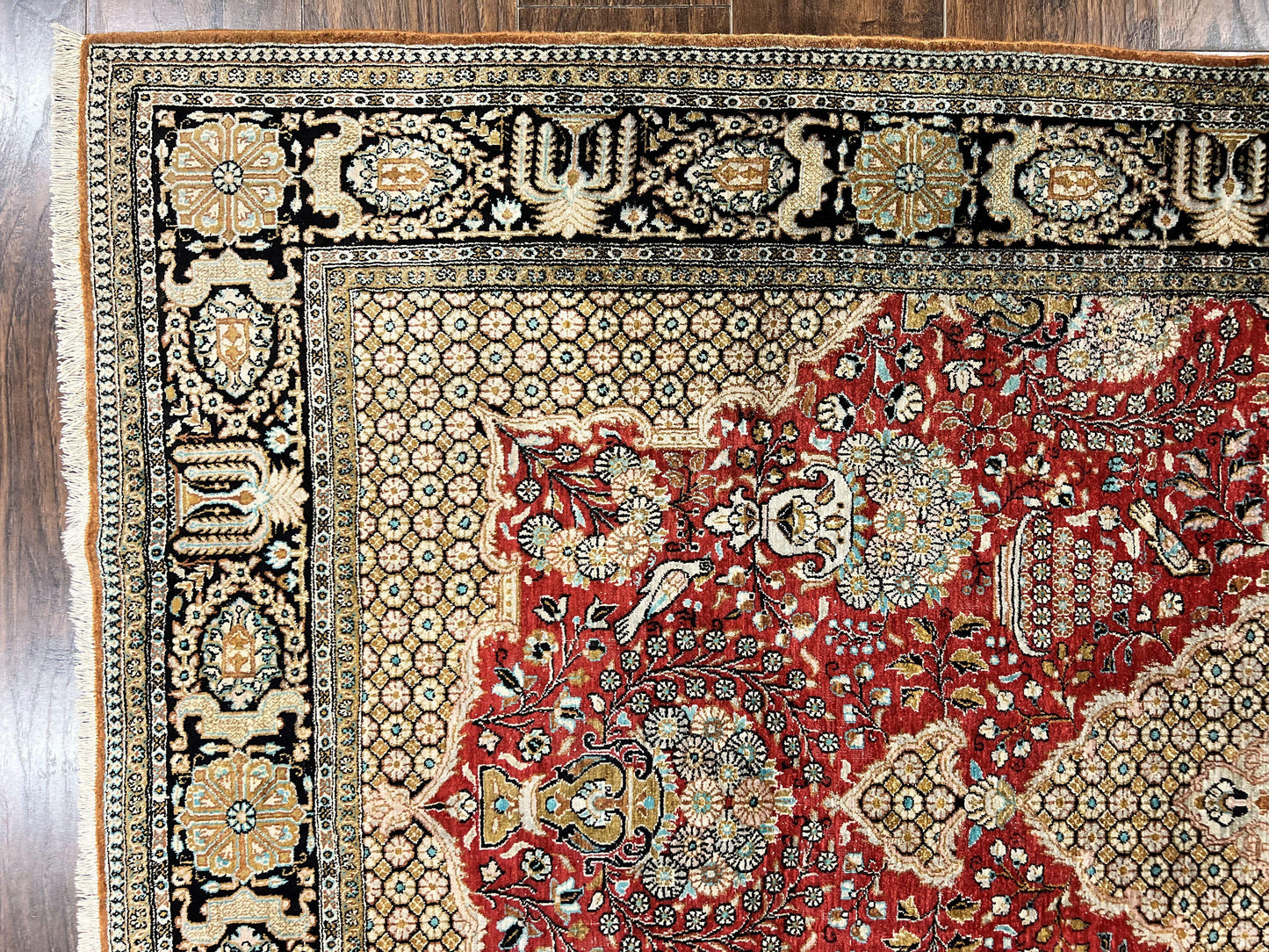 Wonderful Persian Silk Rug 5x7, Birds Floral Vases, Red, Hand Knotted Silk Fine Oriental Carpet, Handmade Vintage, Persian Qum Rug, 400 KPSI