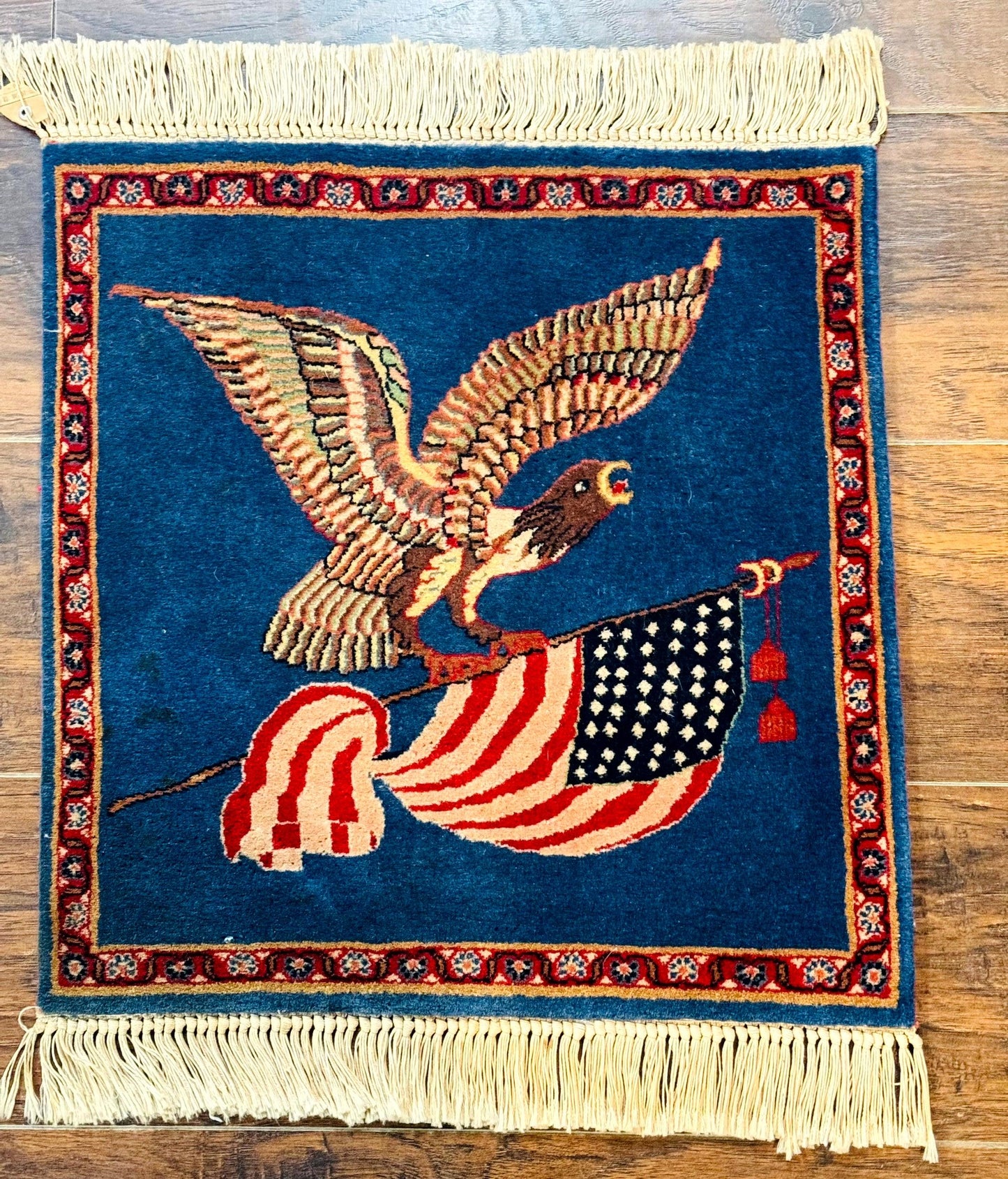 Pictorial Rug of American Flag with Bald Eagle, Small Indo Persian Pictorial Rug, Blue, Handmade, Very Fine 330 KPSI