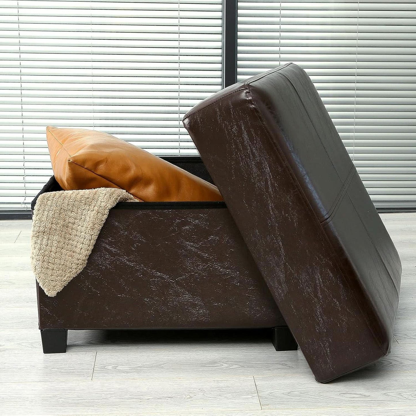Brown Folding Storage Bench Ottoman Hidden Compartments