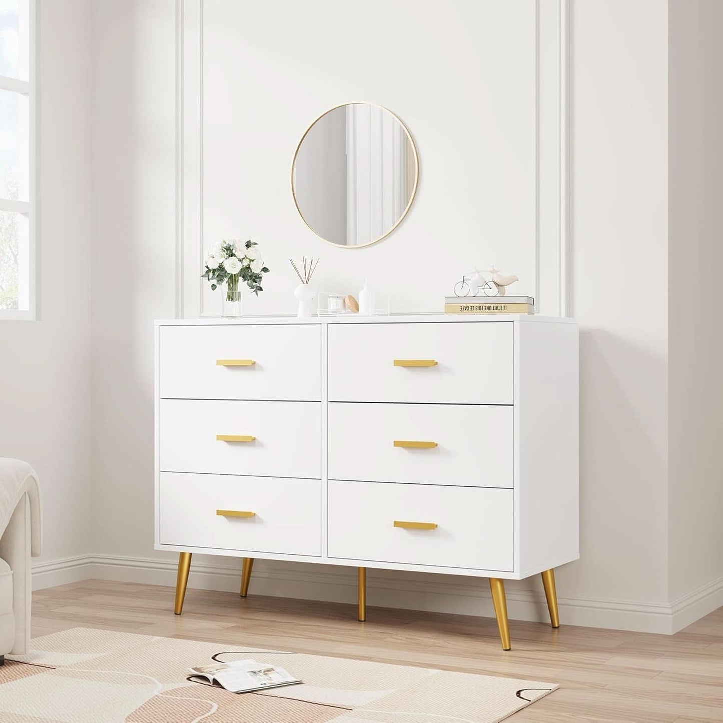 White Six Drawer Dresser Featuring Goldtone Handles