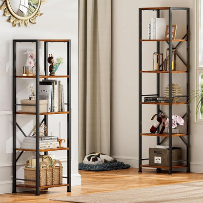 Tall Industrial Bookcase 6 Tier Rustic Brown Storage