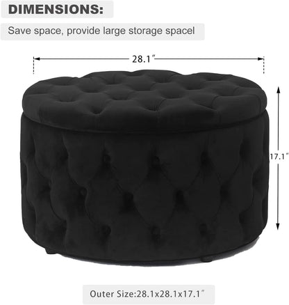 Twenty EightInch Velvety Round Storage Ottoman Black Tufted