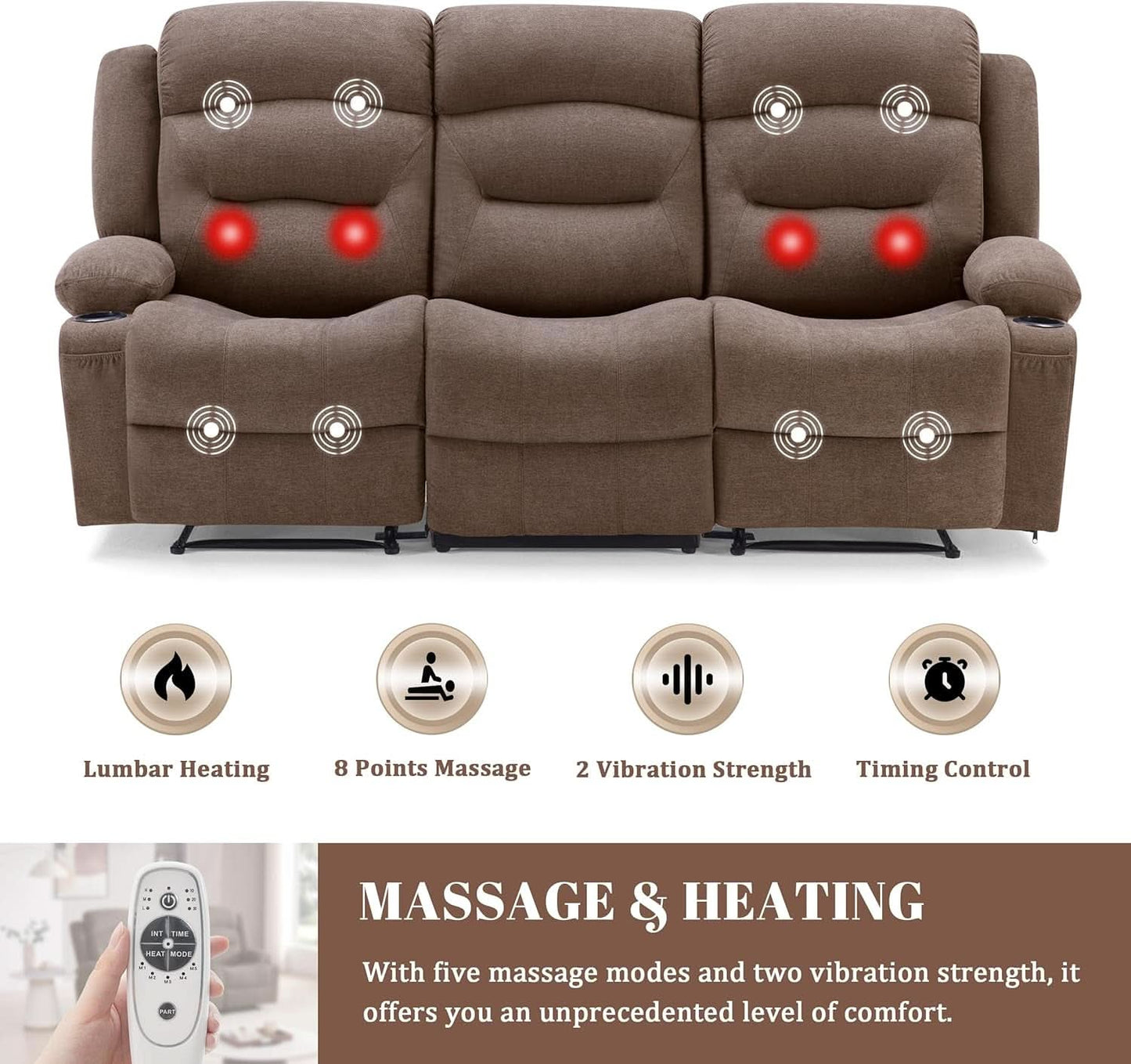Brown Fabric Recliner Sofa With Heated Massage USB Port