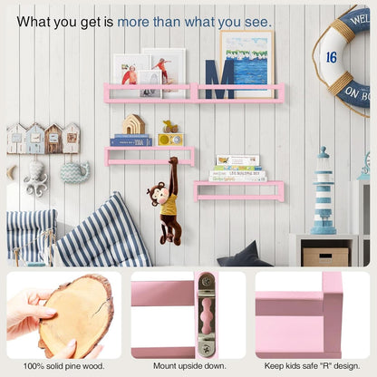 Pink Floating Wall Shelves Set Of 4 Wooden Bookshelves