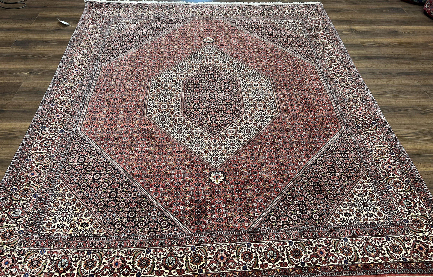 Wonderful Persian Bidjar Rug 7x8 ft, Almost Square Oriental Carpet, Herati Mahi, Highly Detailed, Ivory Red Navy Blue, Very Fine Handmade Bijar Rug