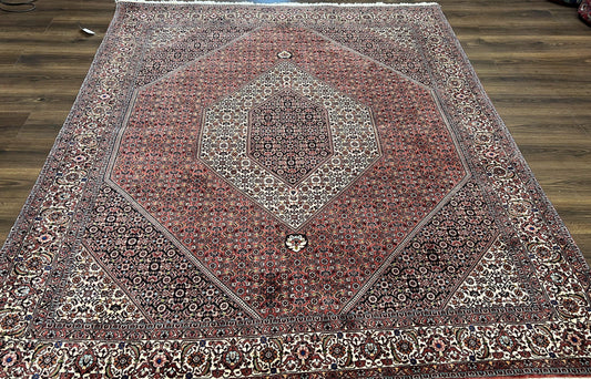 Wonderful Persian Bidjar Rug 7x8 ft, Almost Square Oriental Carpet, Herati Mahi, Highly Detailed, Ivory Red Navy Blue, Very Fine Handmade Bijar Rug