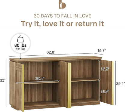 62 Inch Handcrafted Oak Sideboard Cabinet Midcentury