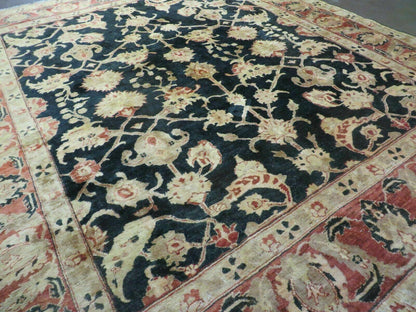 8' X 9' Handmade Pakistan Wool Cotton Rug Peshawar Black Floral Nice # 200C