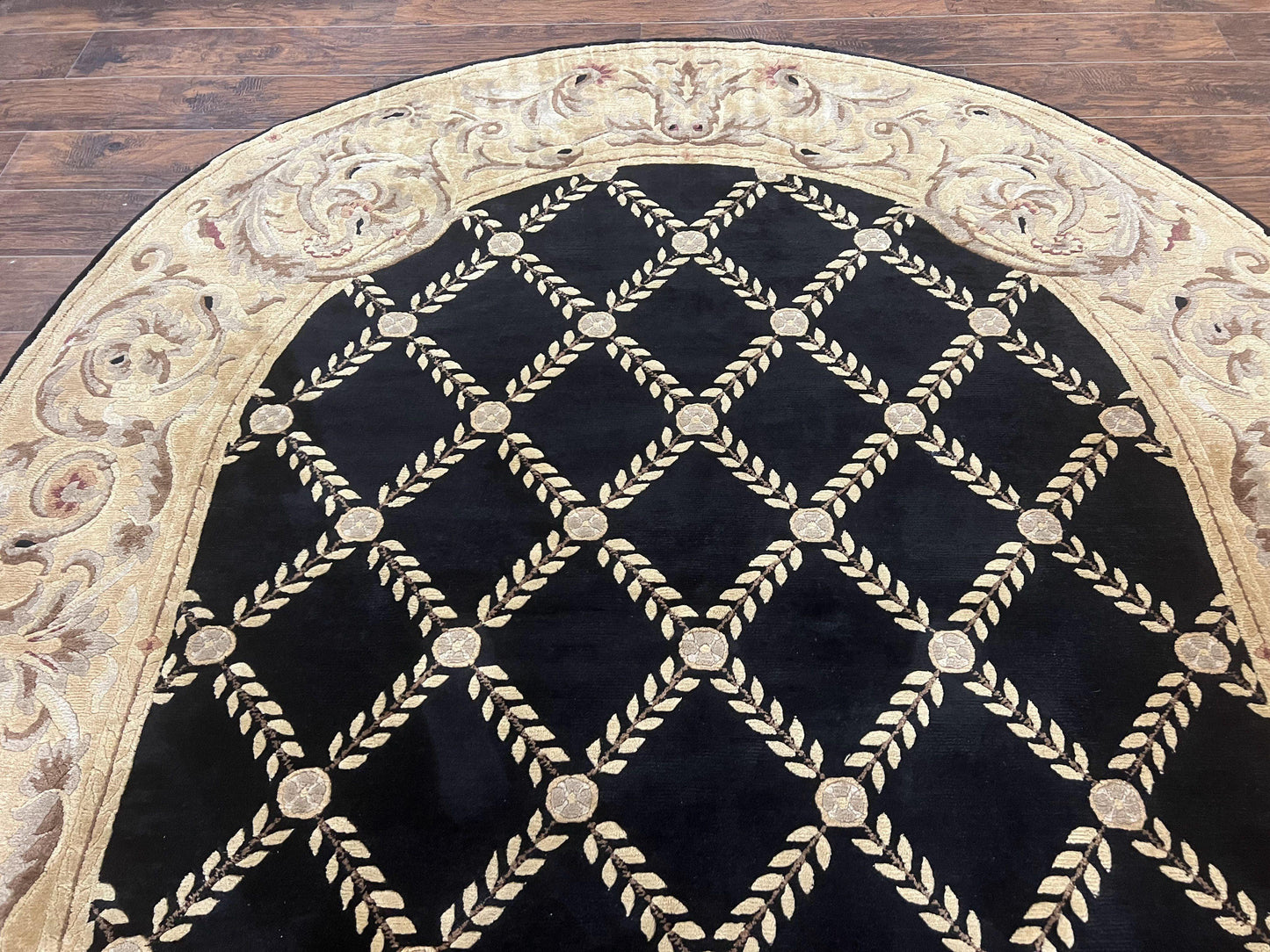 Oval Tibetan Rug 8x10, French Aubusson Design, Wool Handmade Vintage Carpet, Black & Beige, Soft Wool Pile