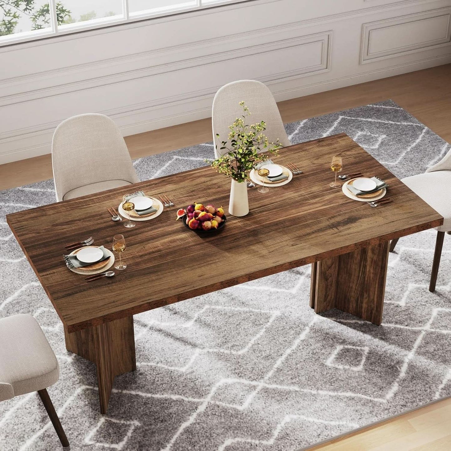 63 Inch Dark Brown Farmhouse Dining Table With Large Tabletop For 4 To 6 People