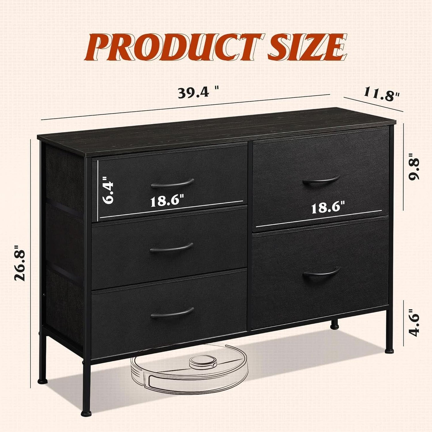 Charcoal Black Fabric Dresser With 5 Drawers For Bedroom Storage