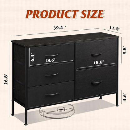Charcoal Black Fabric Dresser With 5 Drawers For Bedroom Storage