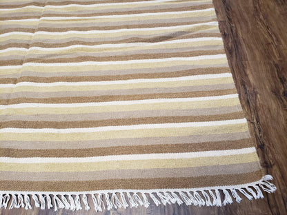 Indian Striped Blanket 6x9, Large Indo Kilim Area Rug, Earthern Tones Woolen Hand-Woven Flatweave South American Style Queen Size Bedspread