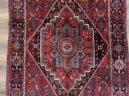 Fine Persian Bidjar Rug 3x5 ft, Ruby Red and Black, Geometric Medallion, Hand Knotted Semi Antique Oriental Bijar Carpet, Wool Area Rug, Tribal Rug