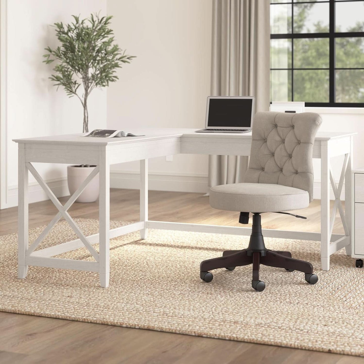L-Shaped Desk 60W Linen White Oak Modern Farmhouse