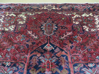 Persian Rug 8x11 Room Sized Heriz Carpet, Hand Knotted Wool Rug, Vintage Semi Antique, Geometric Medallion, Wine Red Cream Dark Blue, Wow