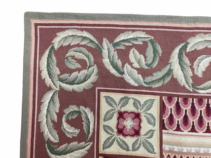 Traditional Aubusson Needlepoint Rug 9 x 12, Flowers, Flatweave Carpet, Hand-Knotted, Brand New, Cream Color, Green, Maroon Red, Wool