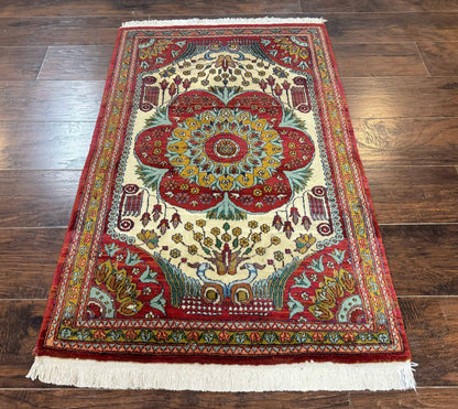 Persian Bijar Rug 2.6 x 4, Antique Carpet, Brick Red and Ivory