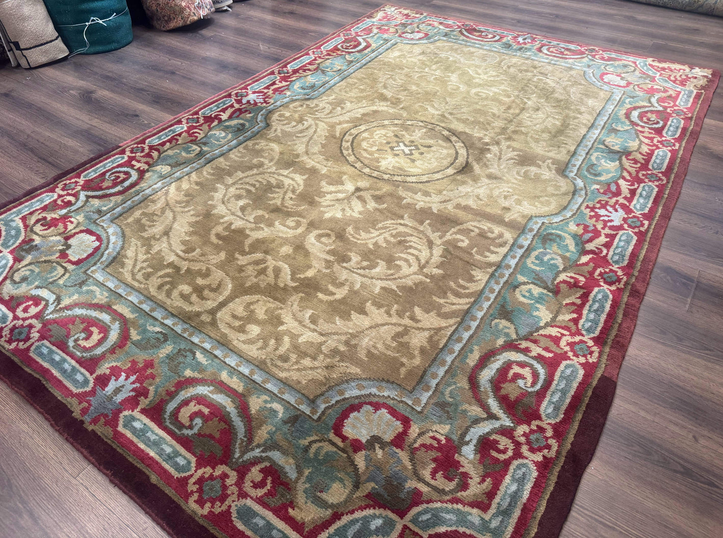 Tibetan Aubusson Rug 6x9, Gold-Beige, Soft Wool Pile, Handmade