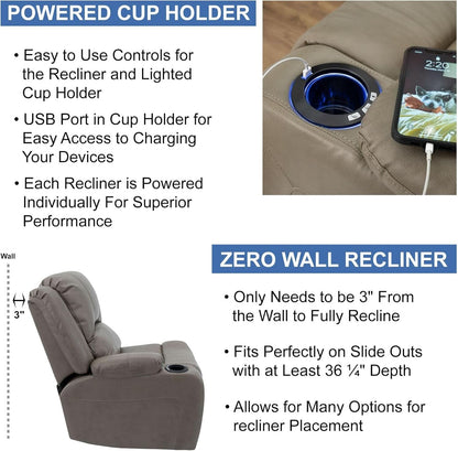 67 Inch Putty Powered RV Wall Hugger Recliner Sofa